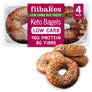 Pack of Fitbakes keto bagels with packaging displaying brand name and product details.