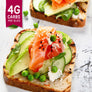 Keto Toast with salmon, avocado, and peas on a white background with '4G Carbs Per Slice' text.
